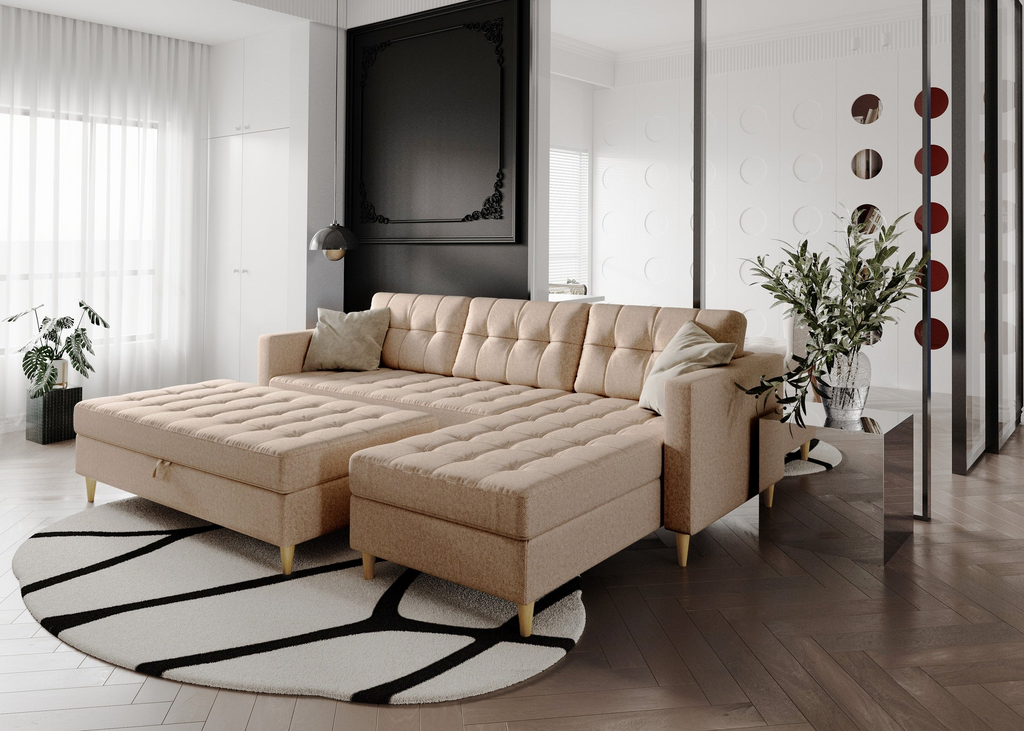 Norvik Ecksofa mit Hocker – L-förmiges skandinavisches Design mit Schlaffunktion und Stauraum, Stoff Element, Samt