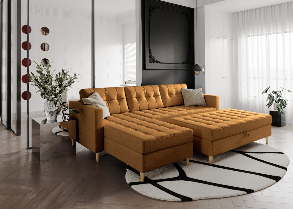 Norvik Ecksofa mit Hocker – L-förmiges skandinavisches Design mit Schlaffunktion und Stauraum, Stoff Element, Samt