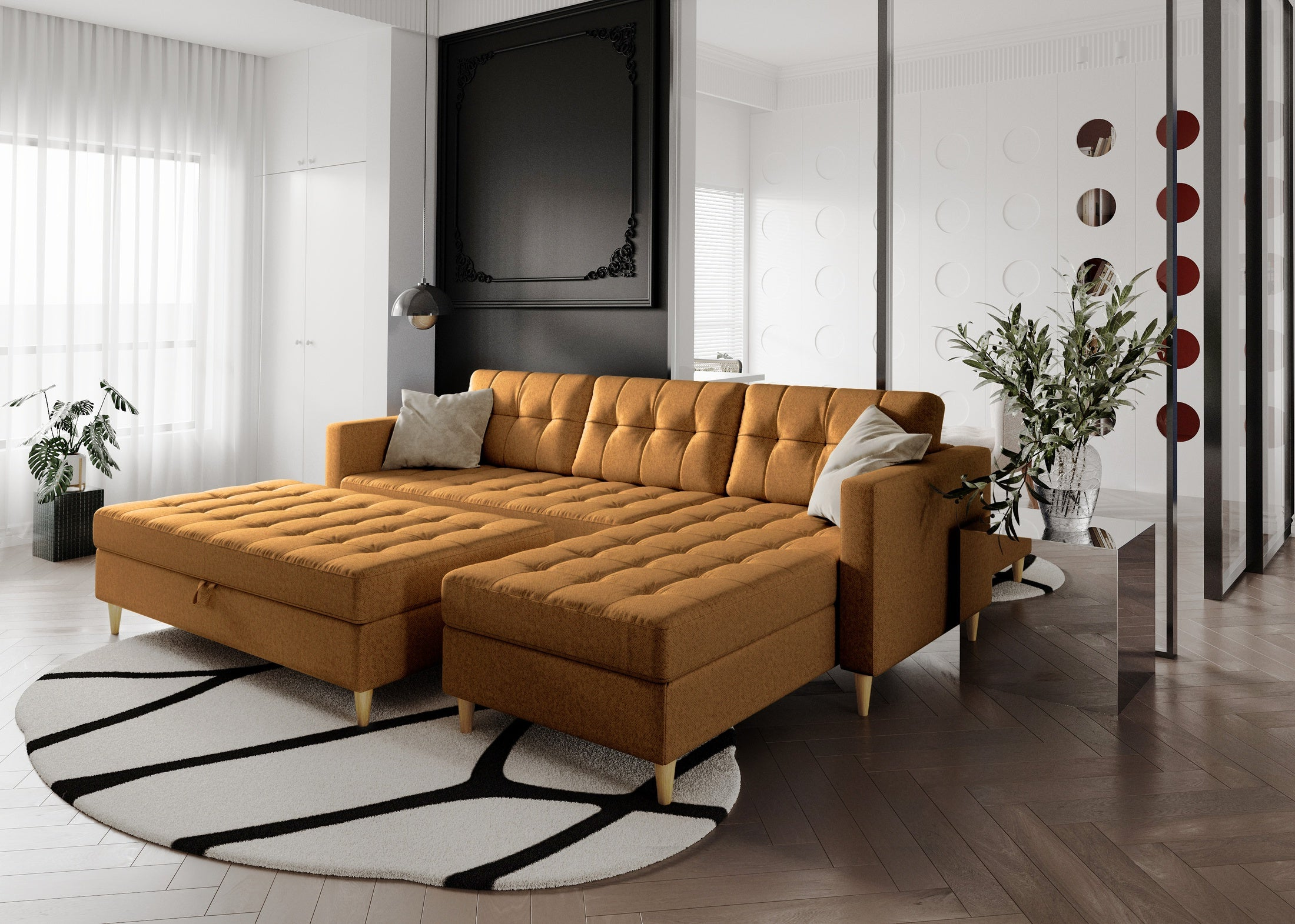 Norvik Ecksofa mit Hocker – L-förmiges skandinavisches Design mit Schlaffunktion und Stauraum, Stoff Element, Samt