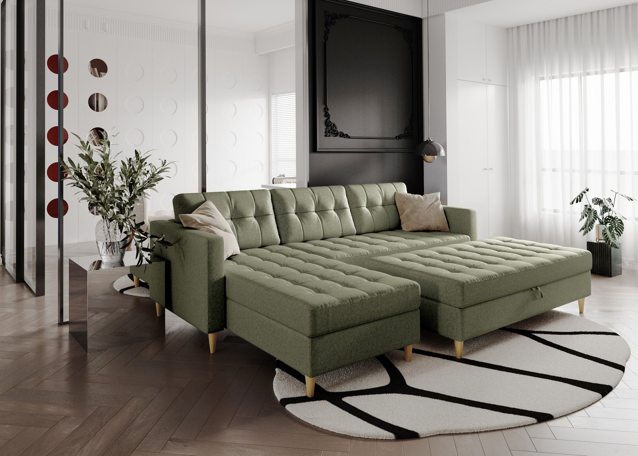 Norvik Ecksofa mit Hocker – L-förmiges skandinavisches Design mit Schlaffunktion und Stauraum, Stoff Element, Samt