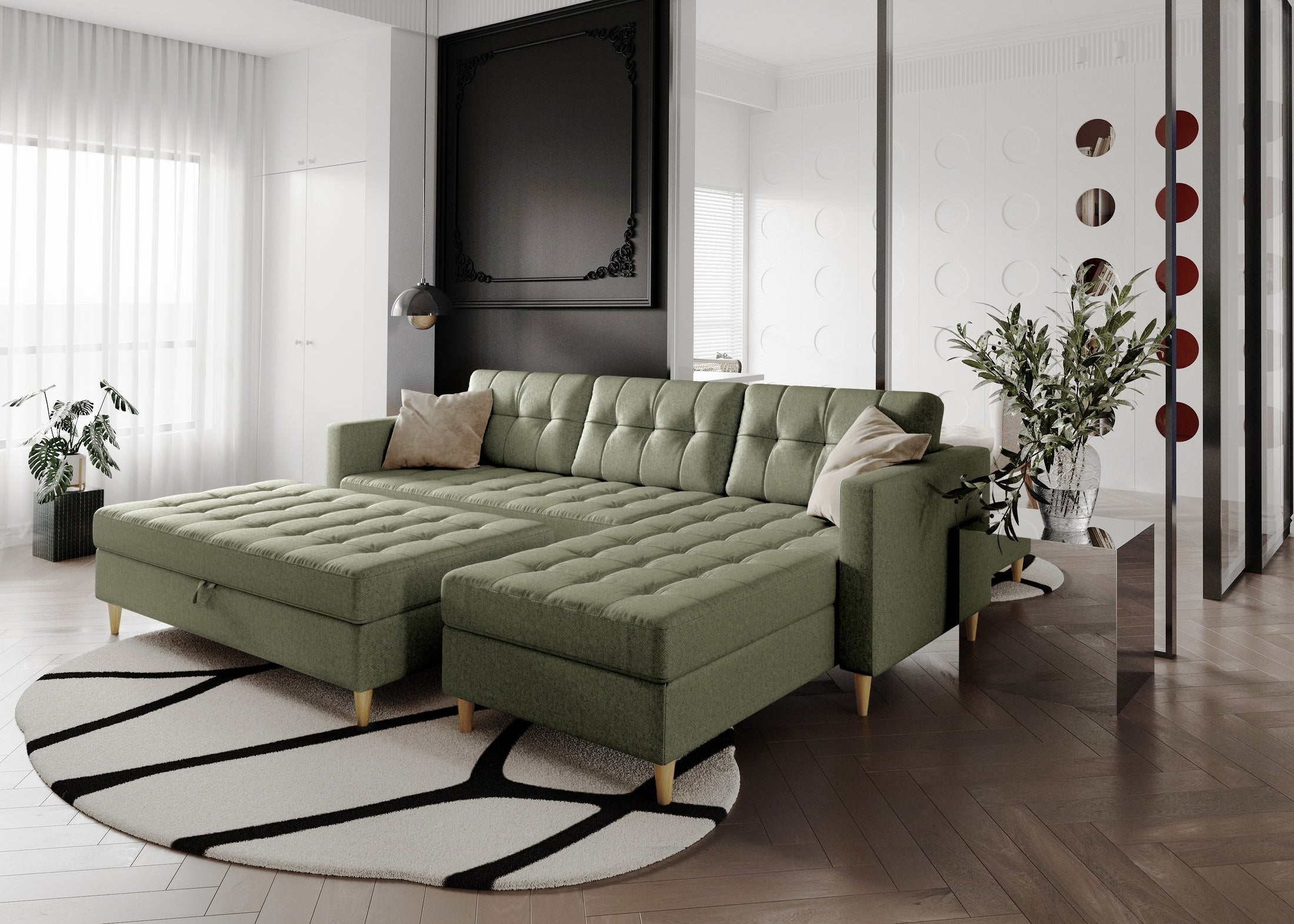 Norvik Ecksofa mit Hocker – L-förmiges skandinavisches Design mit Schlaffunktion und Stauraum, Stoff Element, Samt