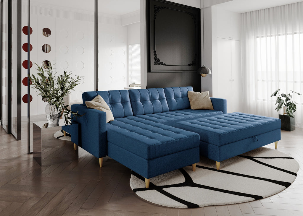 Norvik Ecksofa mit Hocker – L-förmiges skandinavisches Design mit Schlaffunktion und Stauraum, Stoff Element, Samt