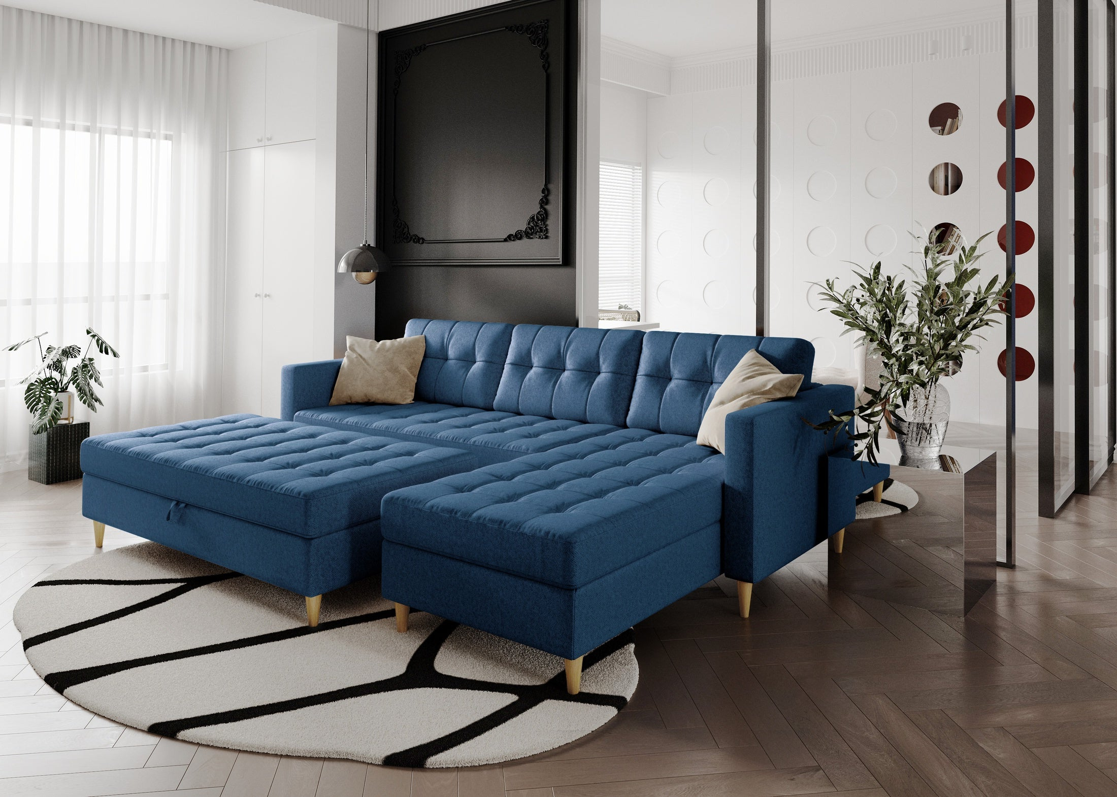 Narożnik Norvik z pufą- L kształtny styl skandynawski z funkcją spania i pojemnikiem tkanina Element welur