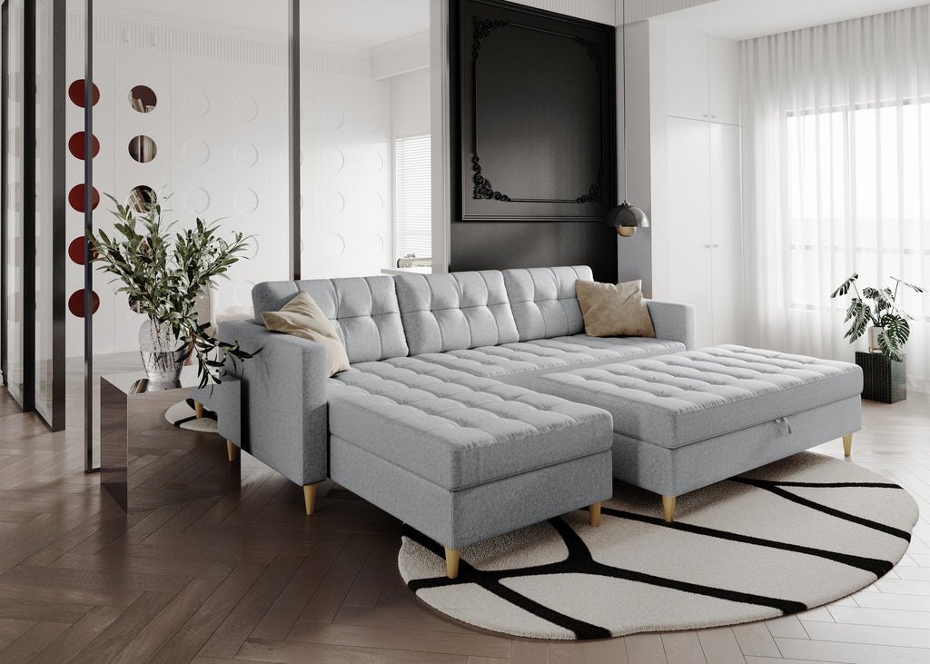 Norvik Ecksofa mit Hocker – L-förmiges skandinavisches Design mit Schlaffunktion und Stauraum, Stoff Element, Samt