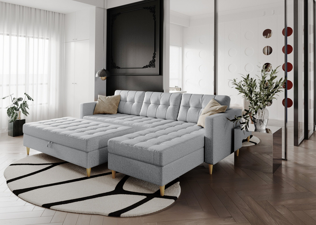 Norvik Ecksofa mit Hocker – L-förmiges skandinavisches Design mit Schlaffunktion und Stauraum, Stoff Element, Samt