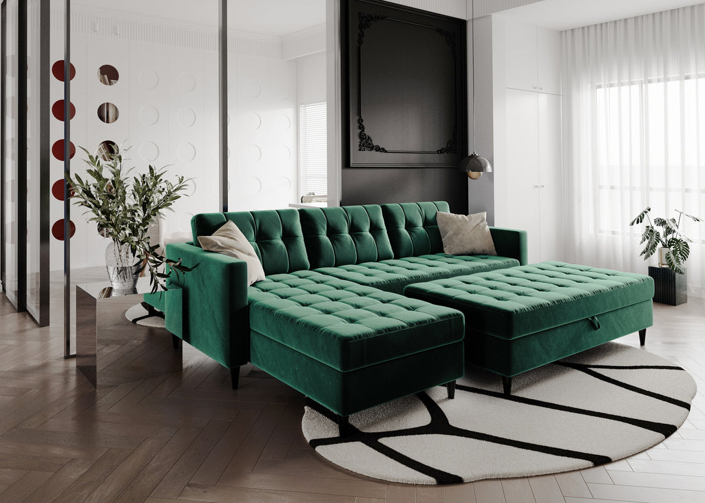 Norvik Ecksofa mit Hocker – L-förmiges skandinavisches Design mit Schlaffunktion und Stauraum, Bezug aus Monolith-Stoff, Samt