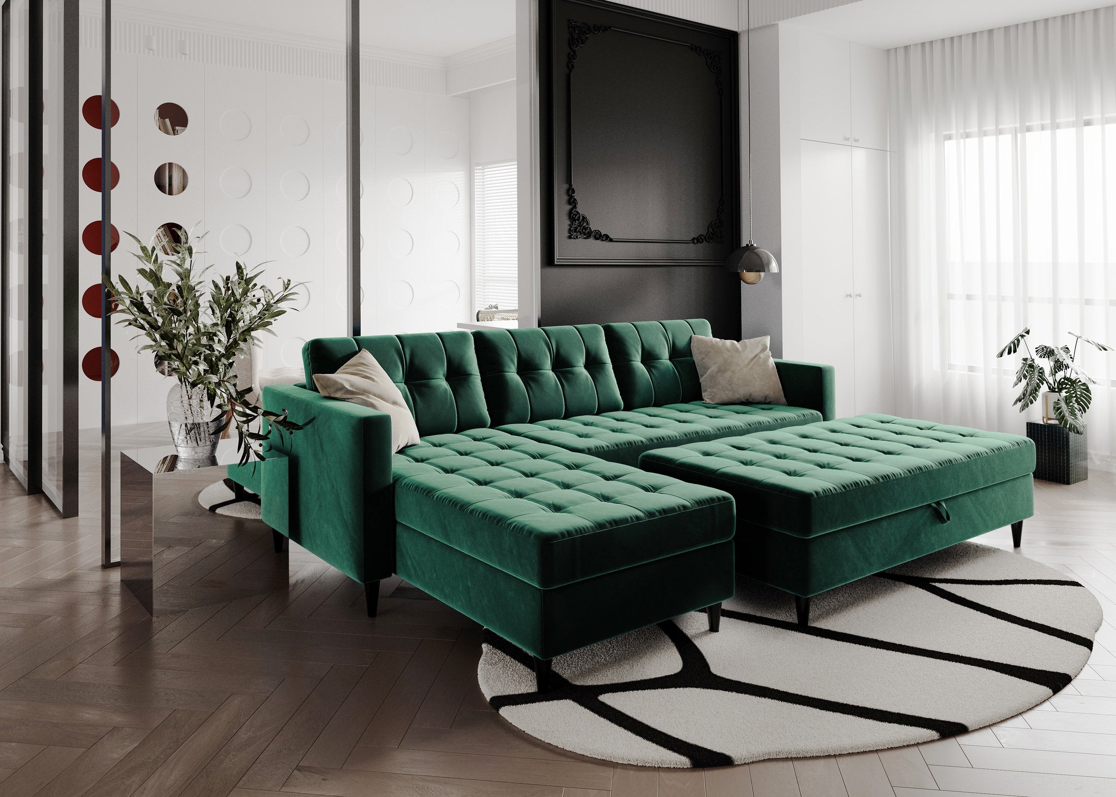 Norvik Ecksofa mit Hocker – L-förmiges skandinavisches Design mit Schlaffunktion und Stauraum, Bezug aus Monolith-Stoff, Samt