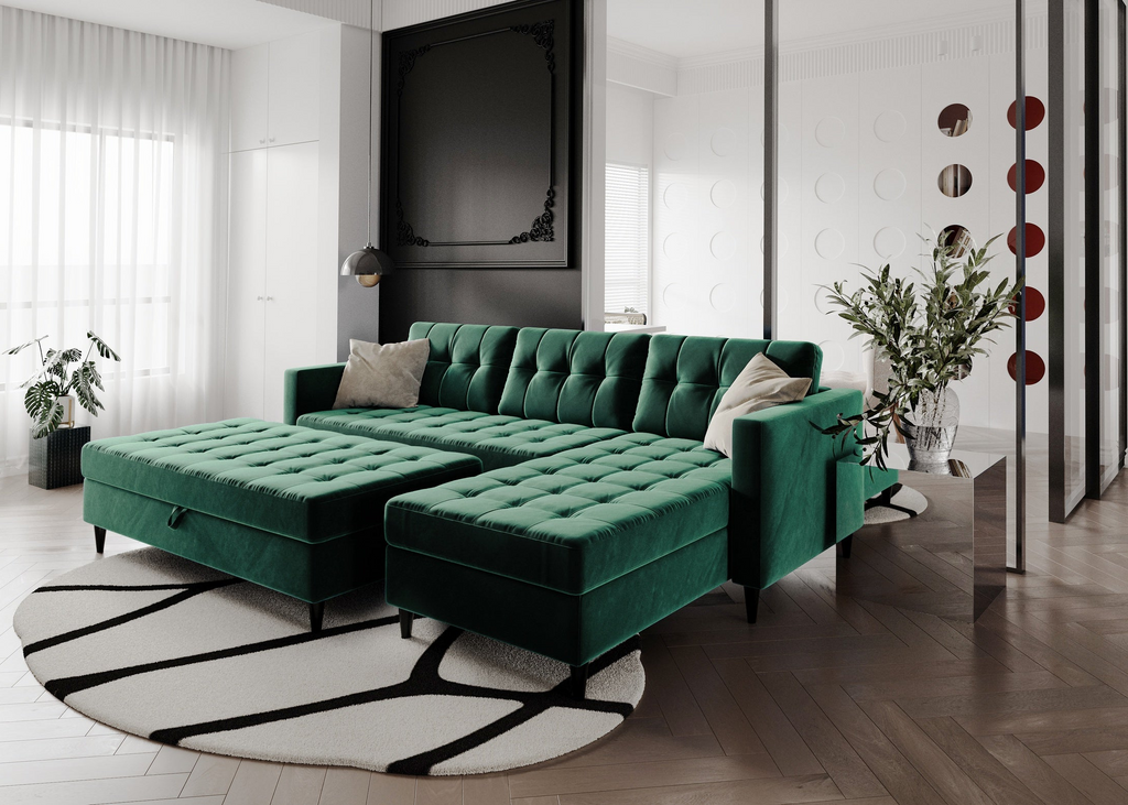 Norvik Ecksofa mit Hocker – L-förmiges skandinavisches Design mit Schlaffunktion und Stauraum, Bezug aus Monolith-Stoff, Samt