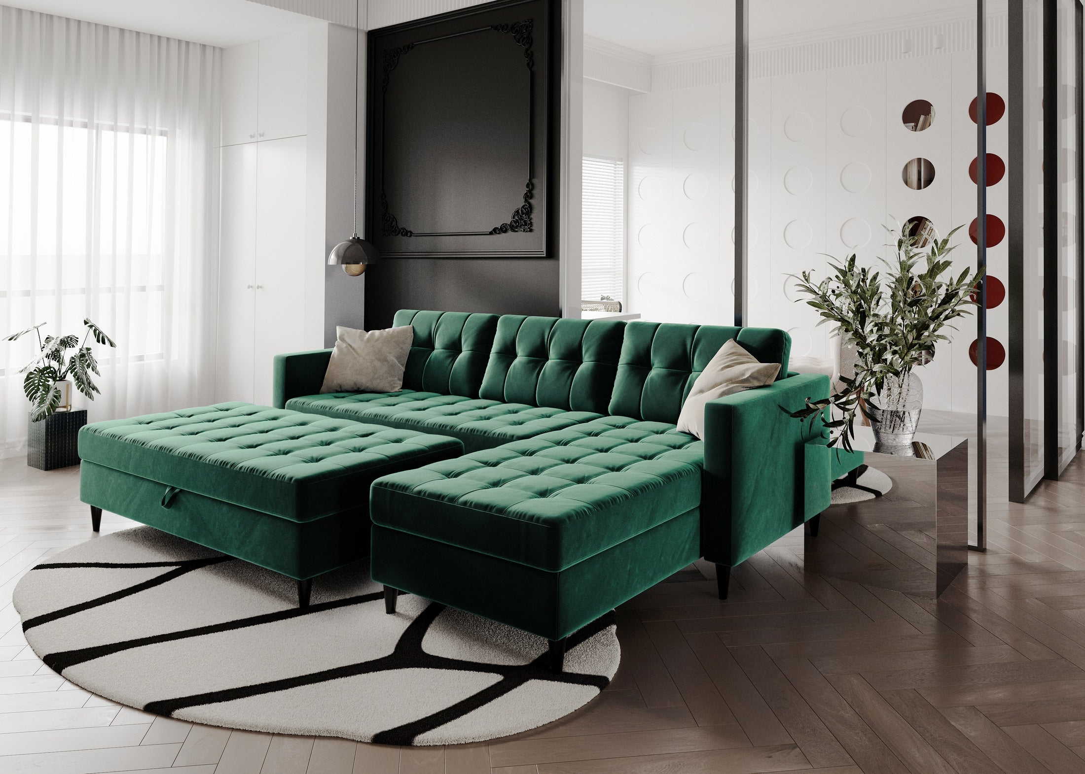 Norvik Ecksofa mit Hocker – L-förmiges skandinavisches Design mit Schlaffunktion und Stauraum, Bezug aus Monolith-Stoff, Samt