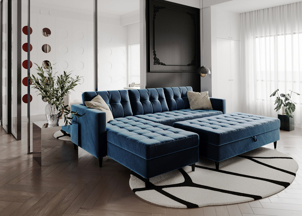 Norvik Ecksofa mit Hocker – L-förmiges skandinavisches Design mit Schlaffunktion und Stauraum, Bezug aus Monolith-Stoff, Samt