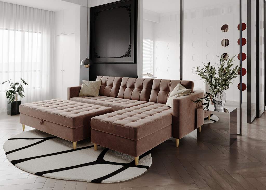 Norvik Ecksofa mit Hocker – L-förmiges skandinavisches Design mit Schlaffunktion und Stauraum, Bezug aus Seal-Stoff, Samt