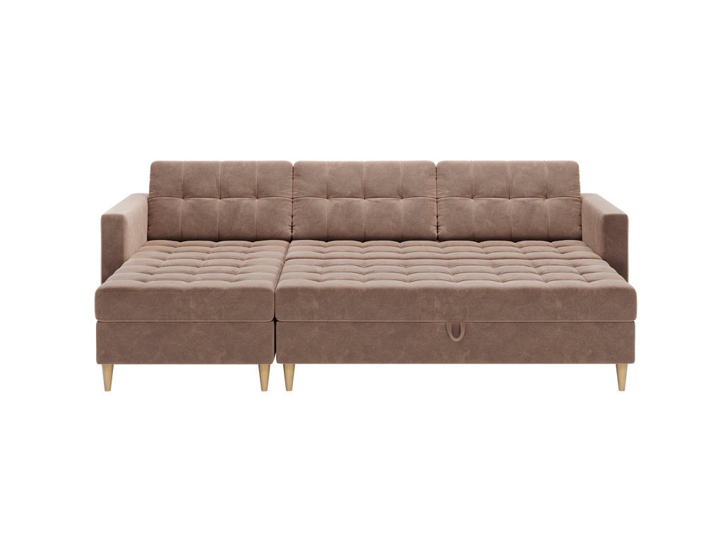 Norvik Ecksofa mit Hocker – L-förmiges skandinavisches Design mit Schlaffunktion und Stauraum, Bezug aus Seal-Stoff, Samt
