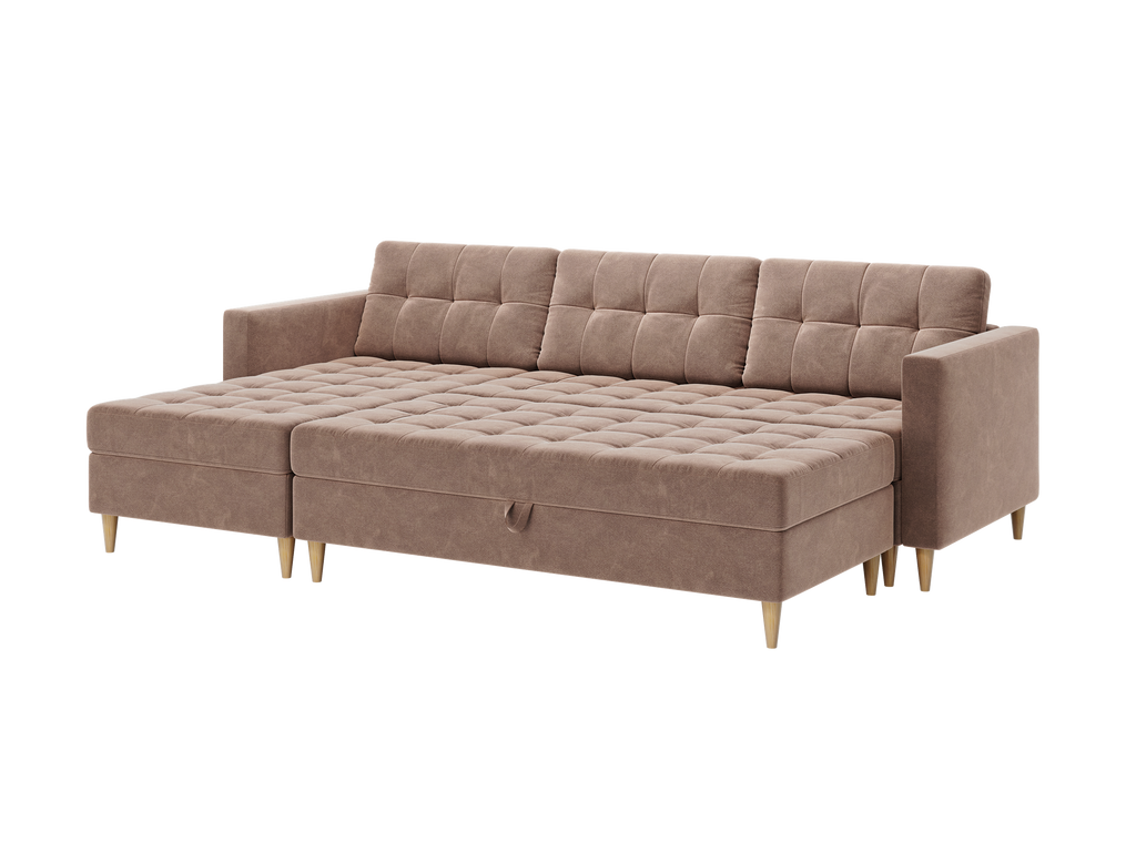 Norvik Ecksofa mit Hocker – L-förmiges skandinavisches Design mit Schlaffunktion und Stauraum, Bezug aus Seal-Stoff, Samt