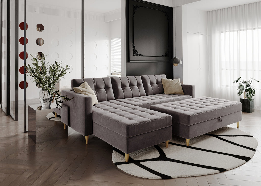 Norvik Ecksofa mit Hocker – L-förmiges skandinavisches Design mit Schlaffunktion und Stauraum, Bezug aus Seal-Stoff, Samt