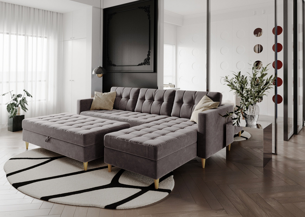 Norvik Ecksofa mit Hocker – L-förmiges skandinavisches Design mit Schlaffunktion und Stauraum, Bezug aus Seal-Stoff, Samt