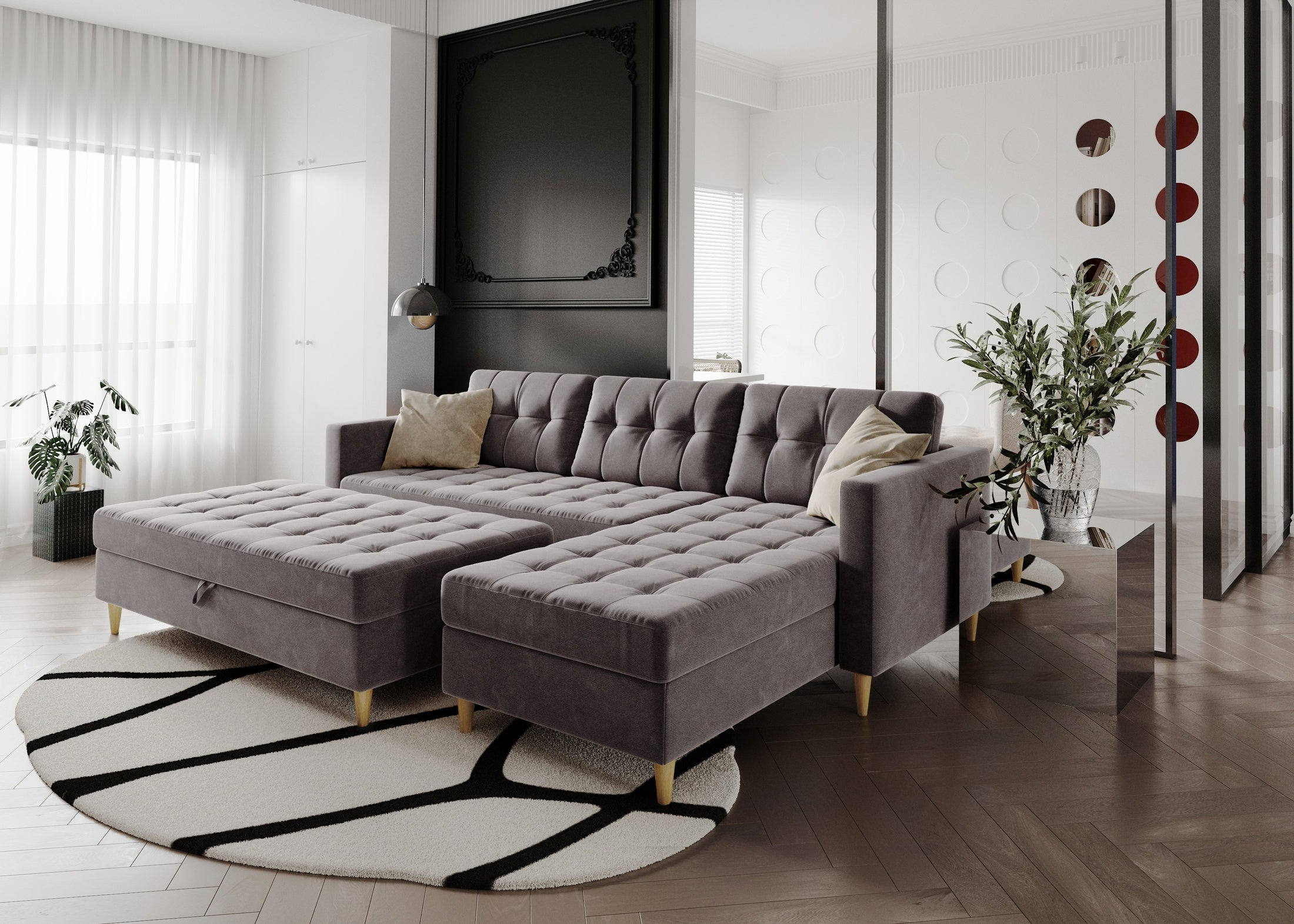 Norvik Ecksofa mit Hocker – L-förmiges skandinavisches Design mit Schlaffunktion und Stauraum, Bezug aus Seal-Stoff, Samt