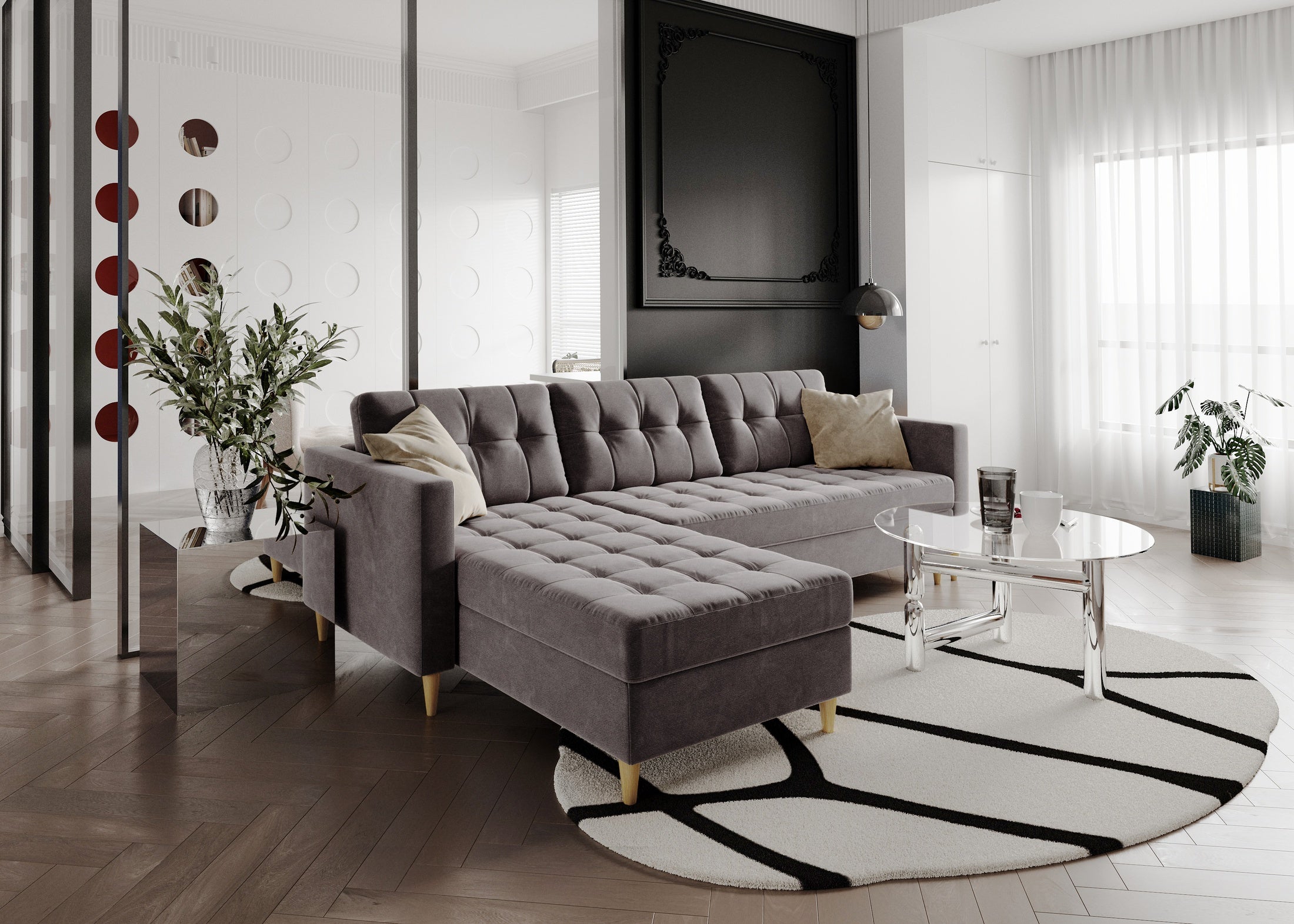 Narożnik Norvik L-kształtny w stylu skandynawskim w tkanine Seal welur