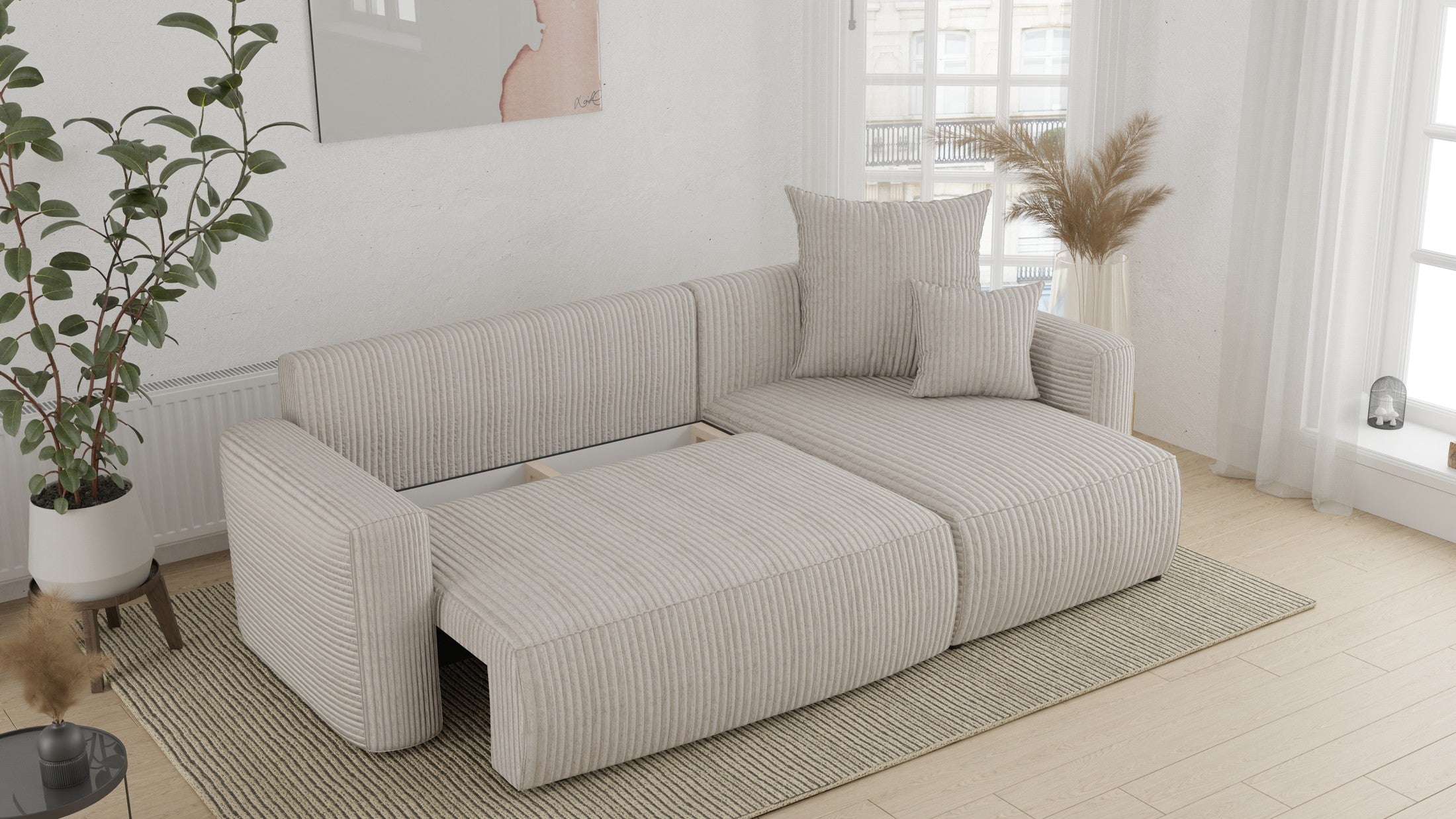 Narożnik Orrano L kształtny - z funkcją spania i pojemnikiem na pościel , tkanina bouclé