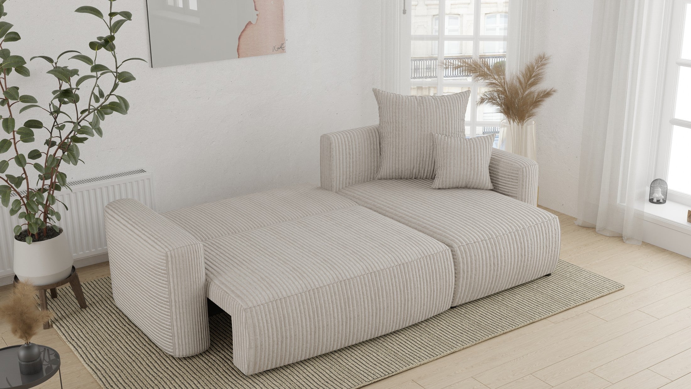 Narożnik Orrano L kształtny - z funkcją spania i pojemnikiem na pościel , tkanina bouclé