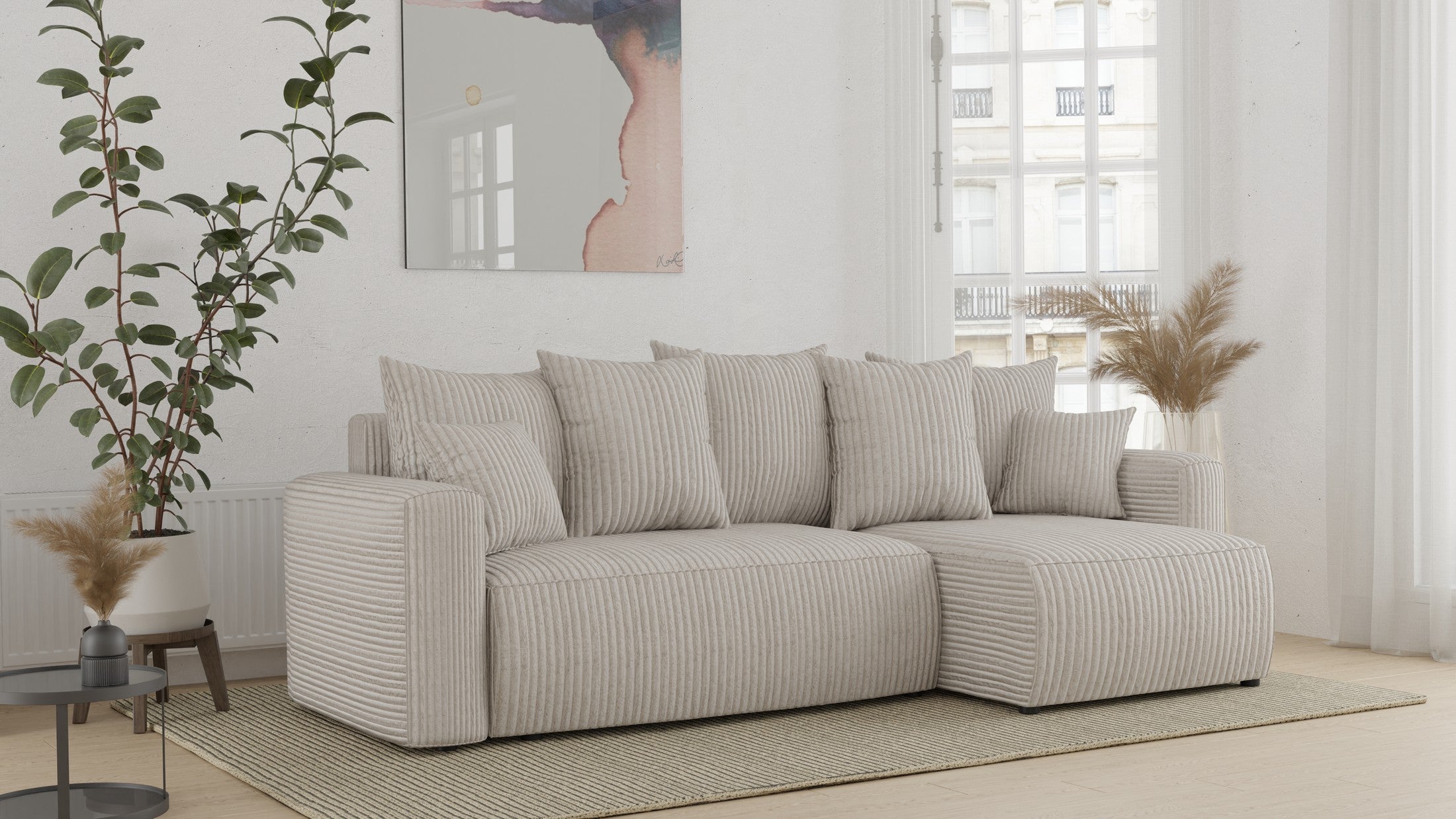 Narożnik Orrano L kształtny - z funkcją spania i pojemnikiem na pościel , tkanina sztruks