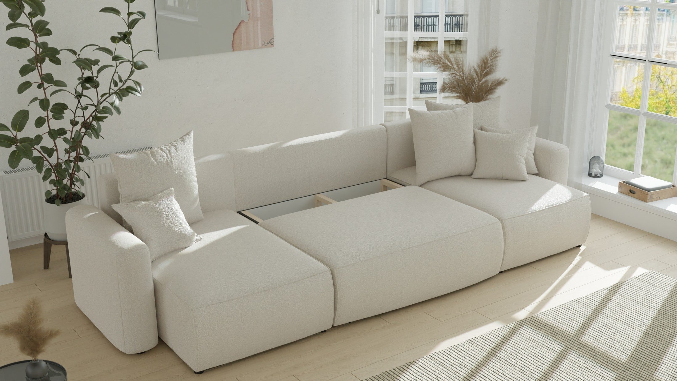 Orrano U-förmiges Ecksofa – mit Schlaffunktion und Bettkasten, Bouclé-Stoff