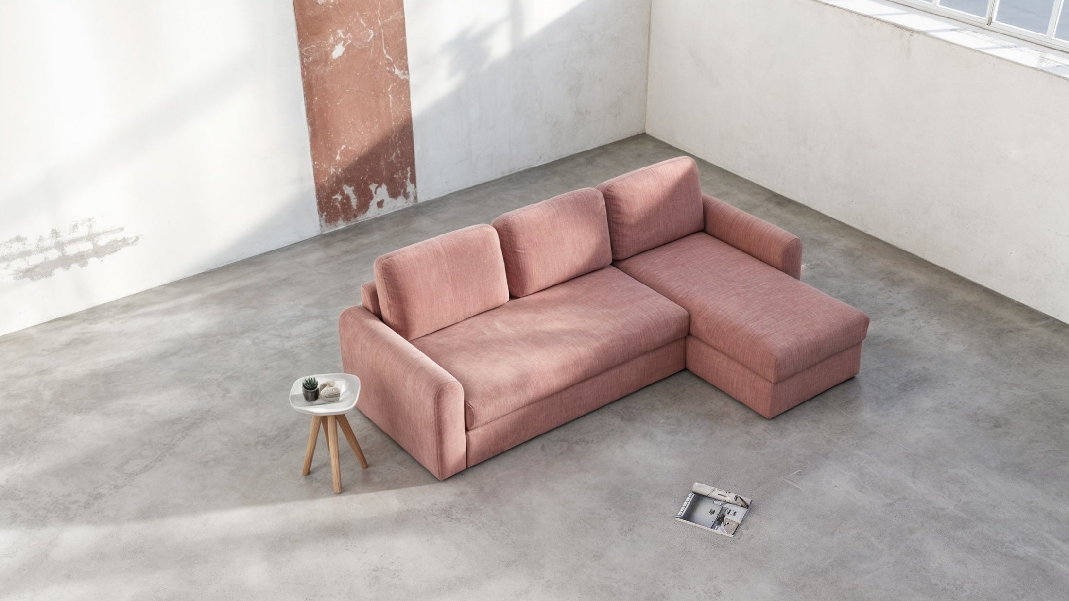 Ecksofa Orveto L-Form - mit Schlaffunktion und Bettkasten, abgerundete Formen, Plüschstoff.