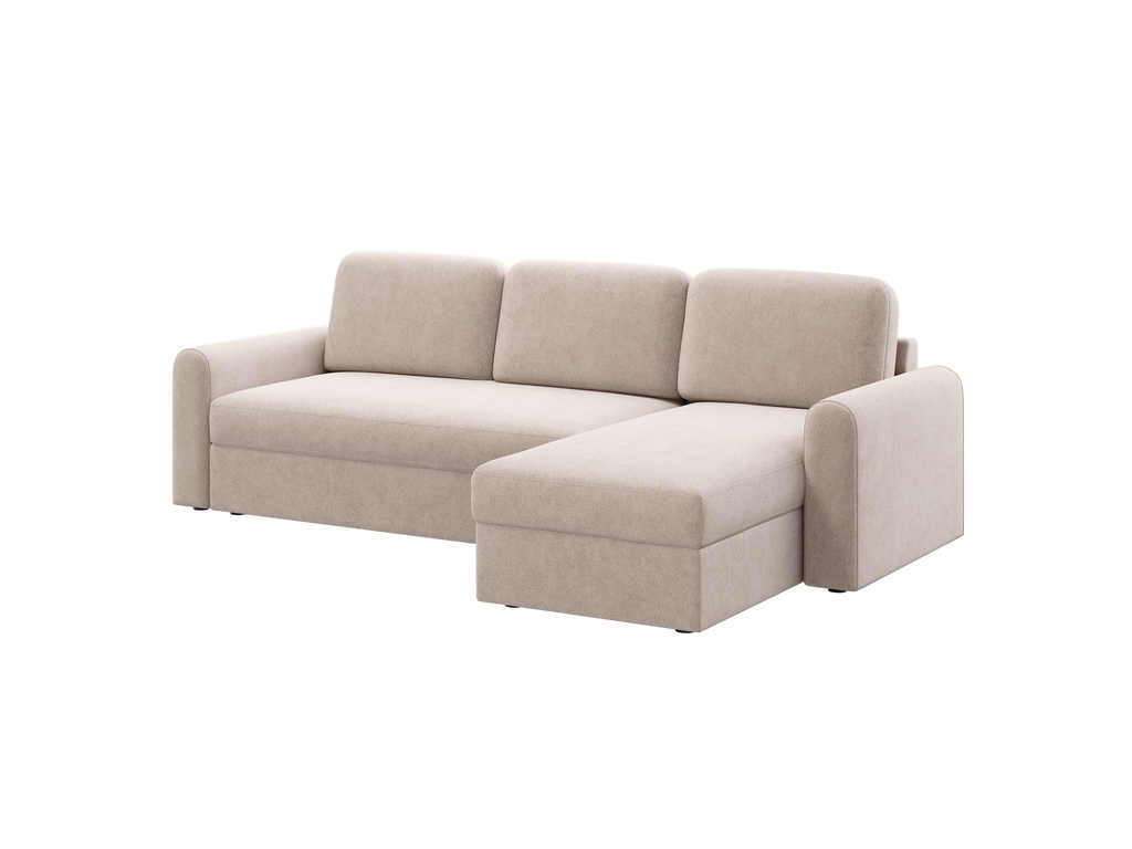 Ecksofa Orveto L-Form - mit Schlaffunktion und Bettkasten, abgerundete Formen, Plüschstoff.