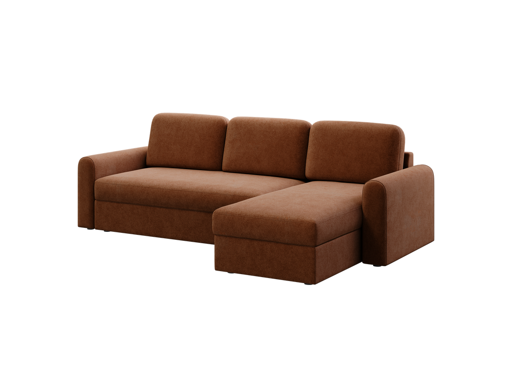 Ecksofa Orveto L-Form - mit Schlaffunktion und Bettkasten, abgerundete Formen, Plüschstoff.