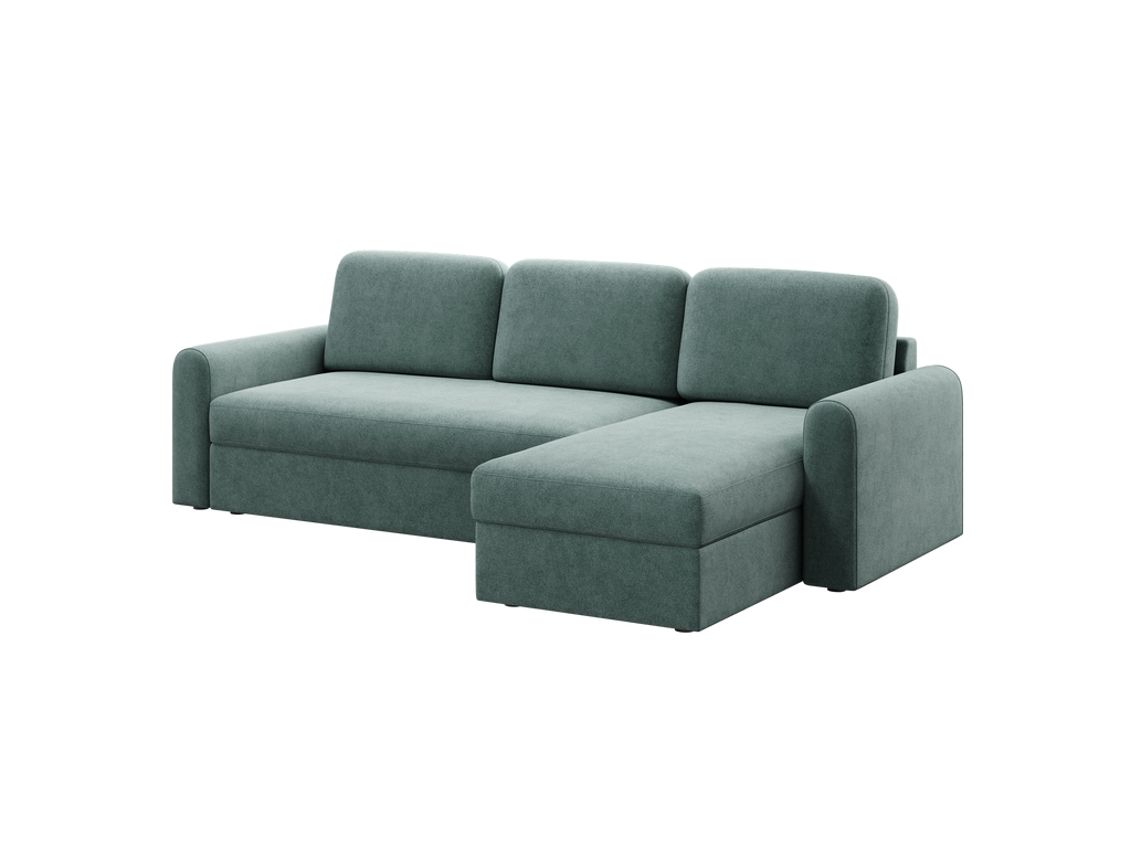 Narożnik Orveto L kształtny - z funkcja spania i pojemnikiem na pościel obłe kształty tkanina plusz