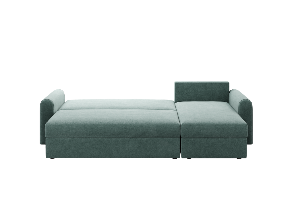 Narożnik Orveto L kształtny - z funkcja spania i pojemnikiem na pościel obłe kształty tkanina plusz