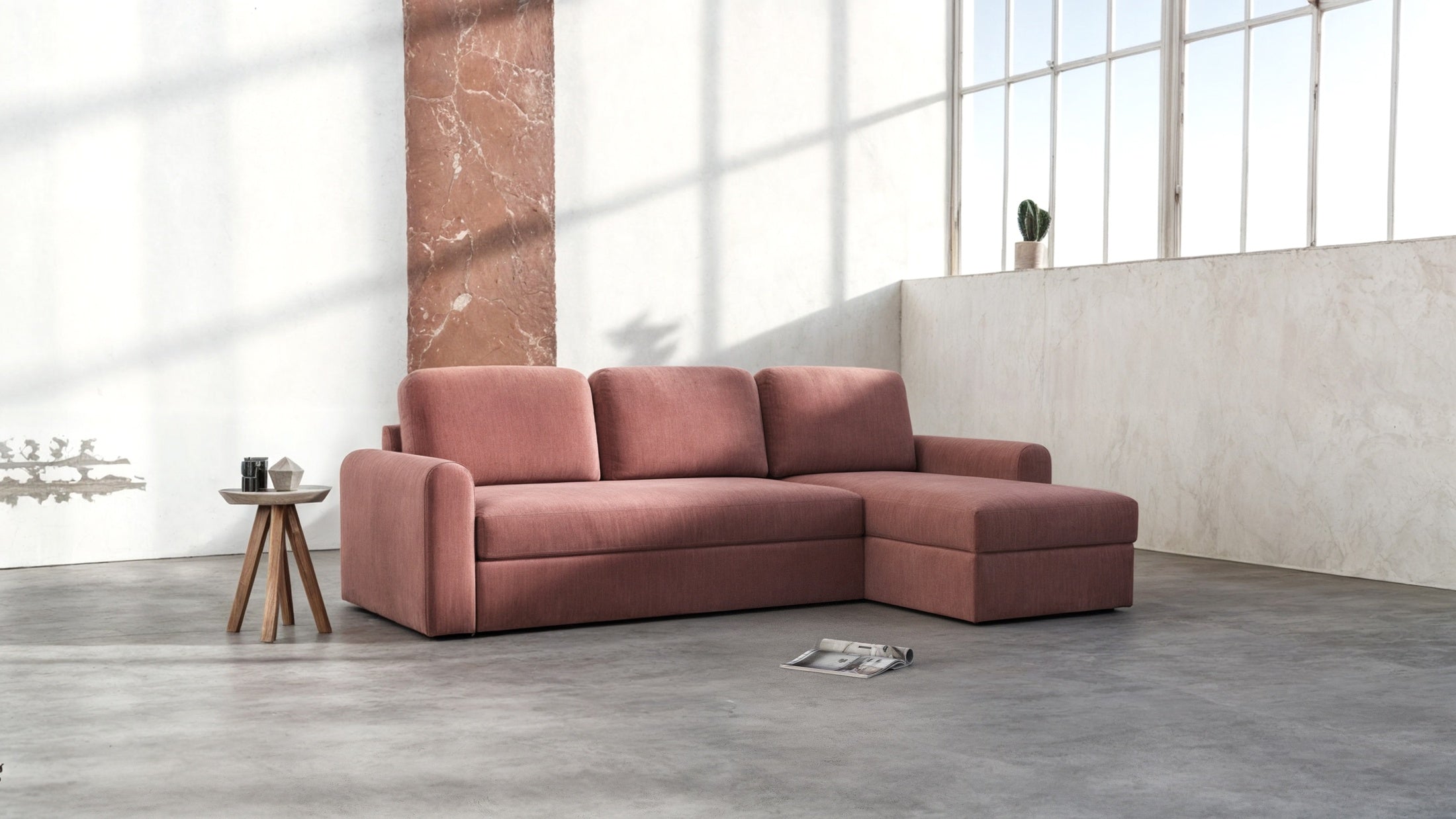 Ecksofa Orveto L-Form - mit Schlaffunktion und Bettkasten, abgerundete Formen, Plüschstoff.