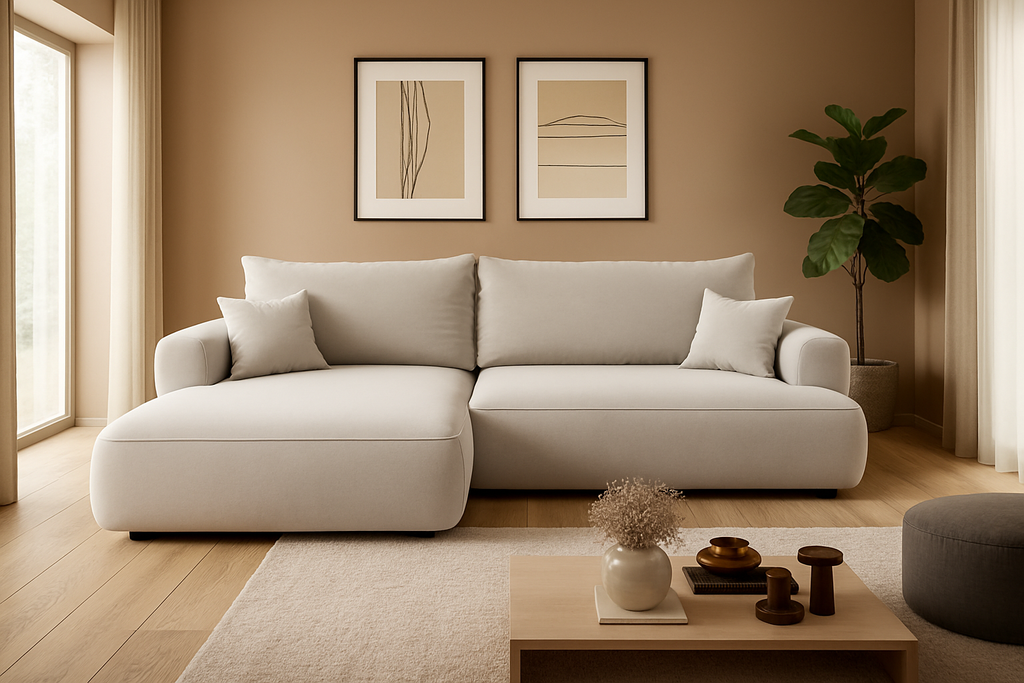 Ottimo L Ecksofa - mit Bettkasten, Schlaffunktion, Stoffbezug in Beige-Velours.