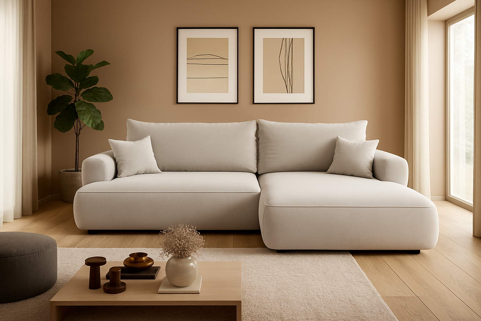 Ottimo L Ecksofa - mit Bettkasten, Schlaffunktion, Stoffbezug in Beige-Velours.