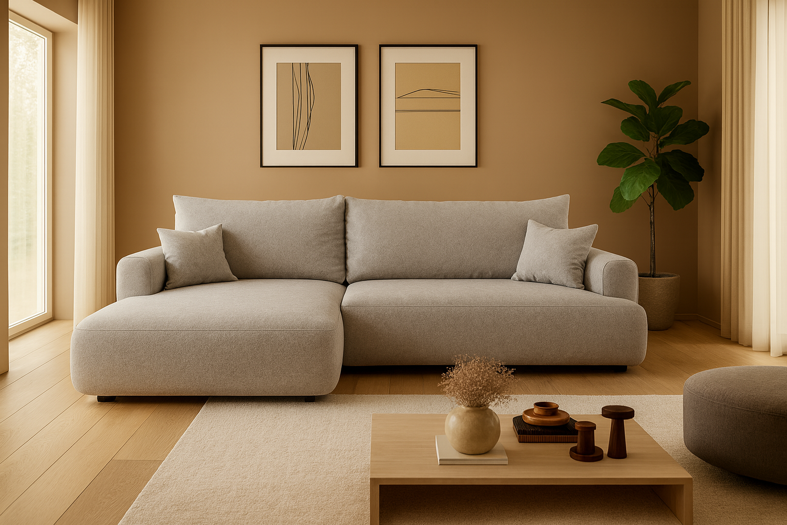 Ottimo L Ecksofa - mit Bettkasten, Schlaffunktion, Stoffbezug in Beige-Velours.