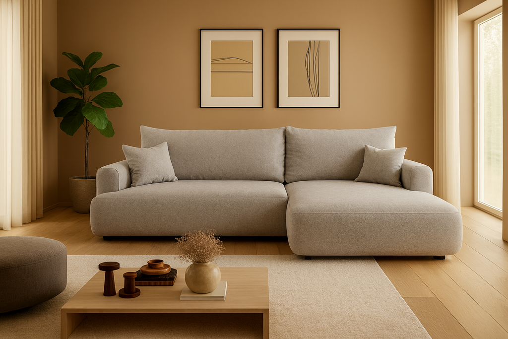 Ottimo L Ecksofa - mit Bettkasten, Schlaffunktion, Stoffbezug in Beige-Velours.