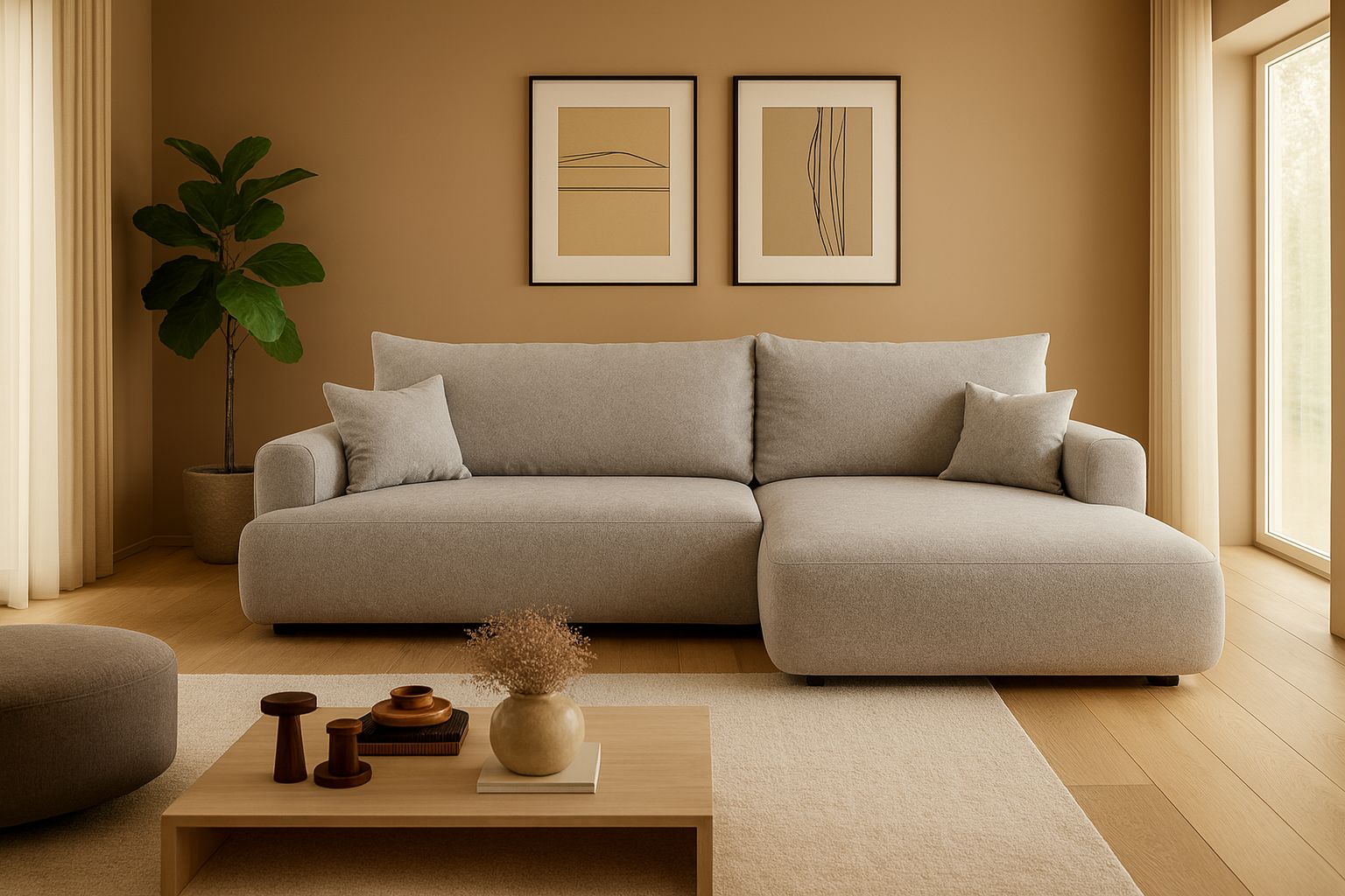 Ottimo L Ecksofa - mit Bettkasten, Schlaffunktion, Stoffbezug in Beige-Velours.