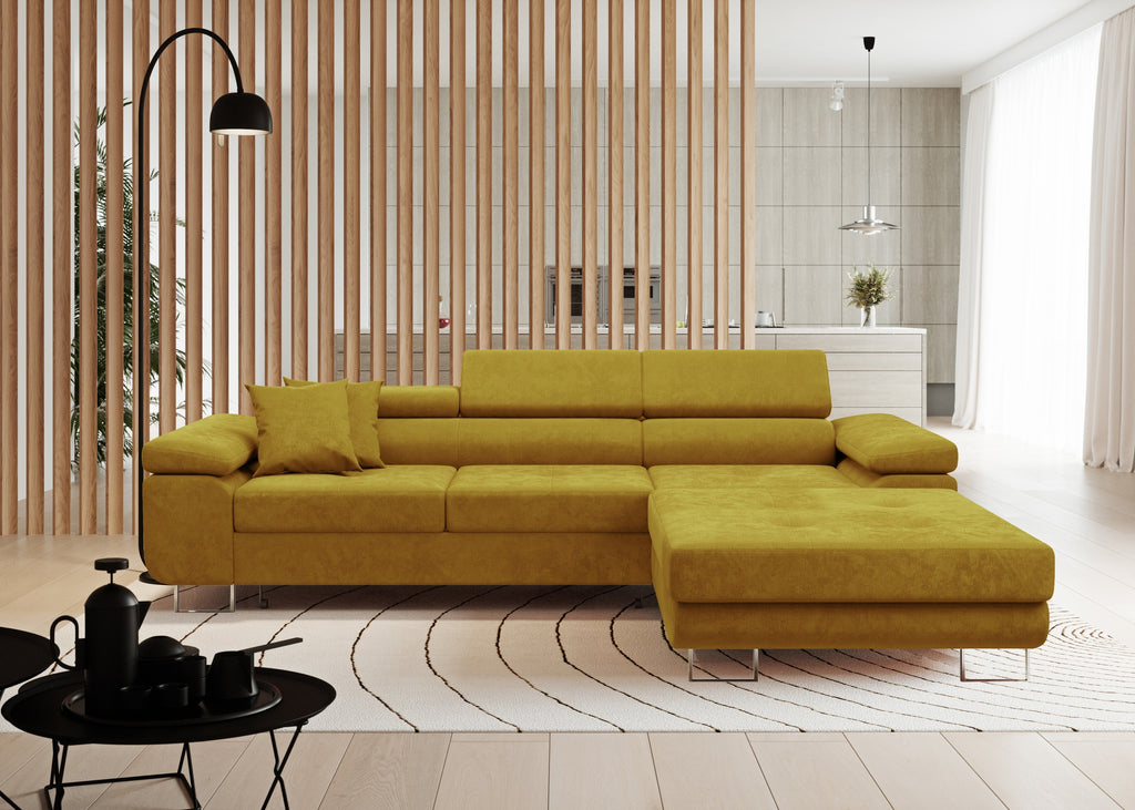 Volare L-förmiges Ecksofa mit Schlaffunktion und Stauraum, verstellbaren Kopfstützen, Monolith Velvet