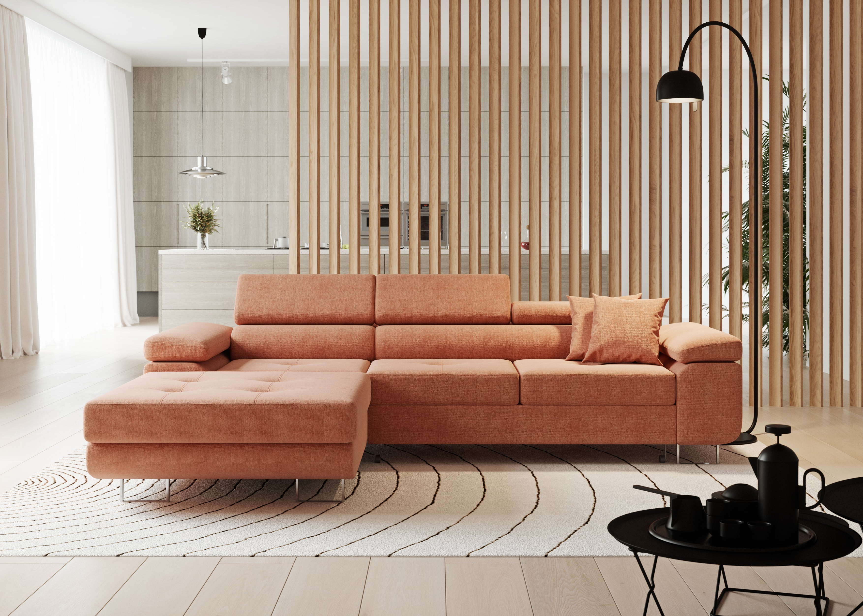 Volare L-förmiges Ecksofa mit Schlaffunktion und Stauraum, verstellbaren Kopfstützen, Monolith Velvet (Kopie)