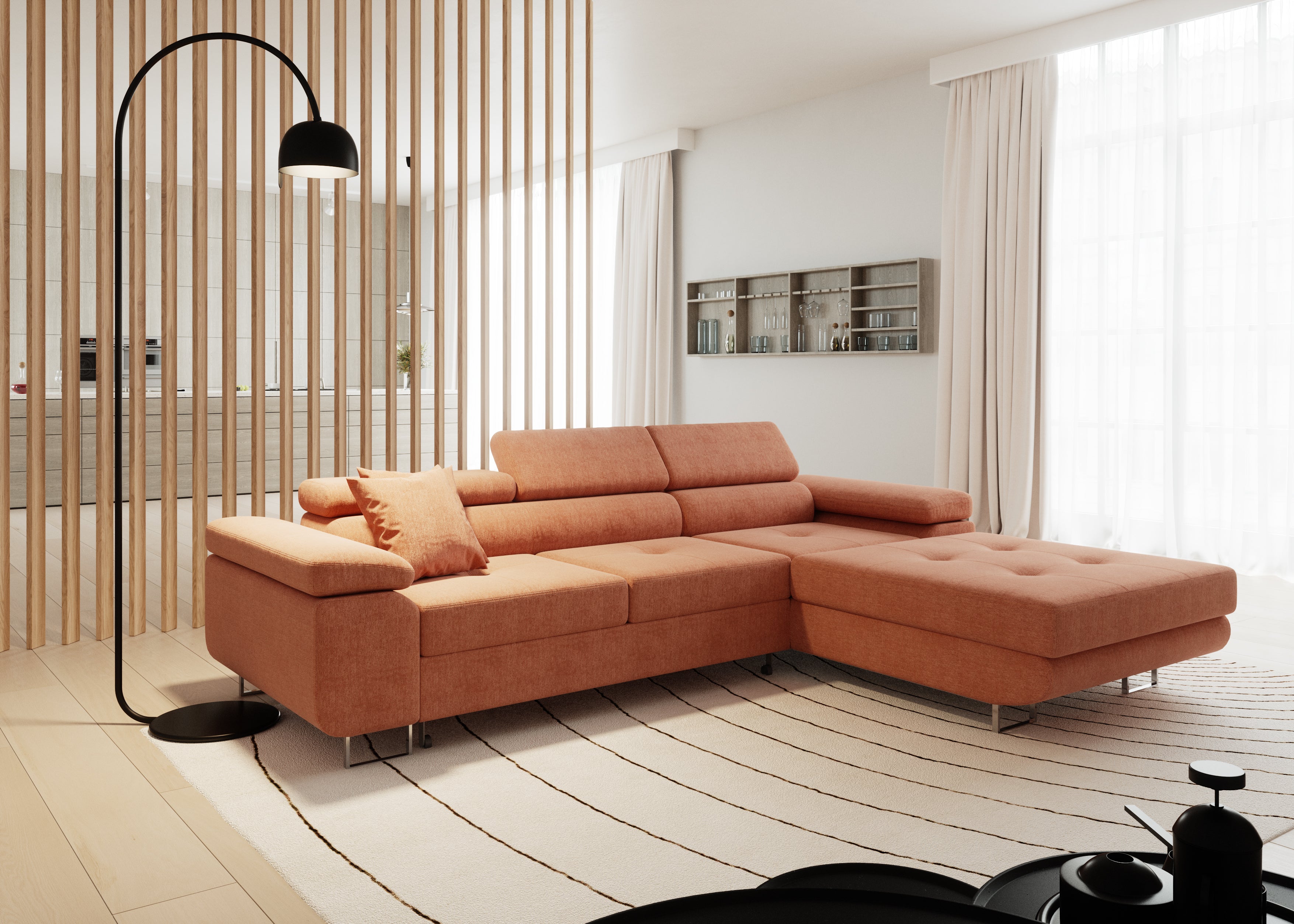 Volare L-förmiges Ecksofa mit Schlaffunktion und Stauraum, verstellbaren Kopfstützen, Monolith Velvet (Kopie)