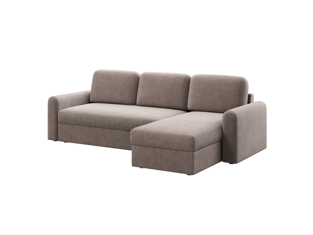 Ecksofa Orveto L-Form - mit Schlaffunktion und Bettkasten, abgerundete Formen, Plüschstoff.