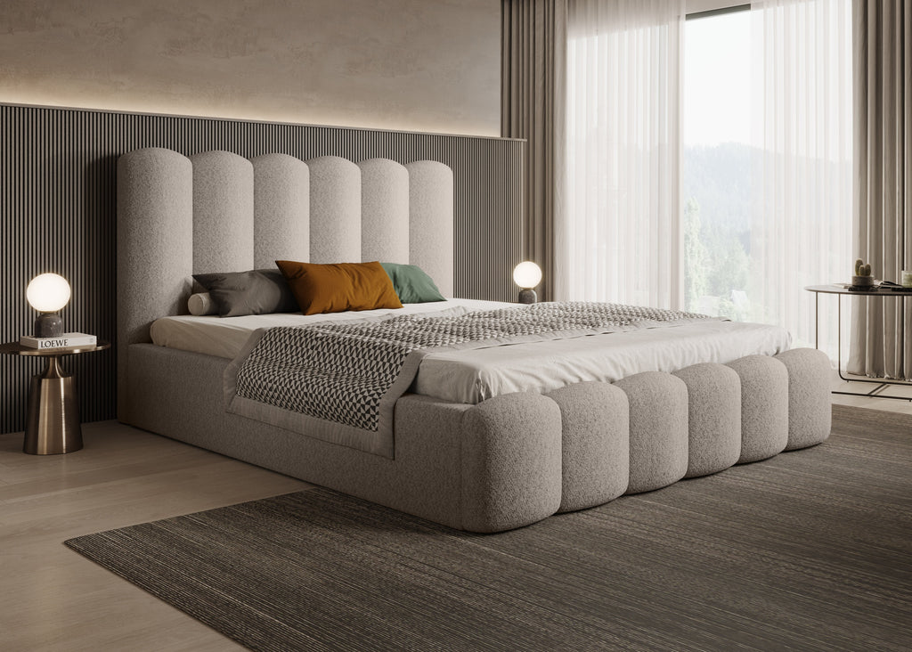 Romera Polsterbett mit Bettkasten, höhenverstellbarem Metallrahmen, Bouclé-Stoff