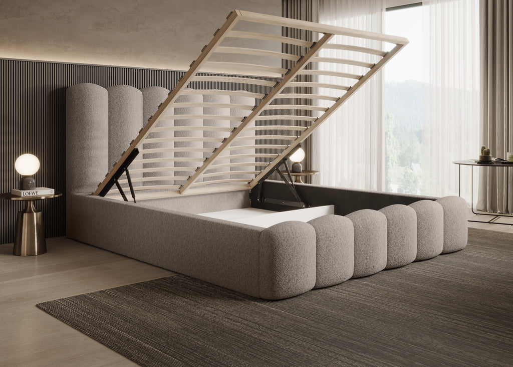 Romera Polsterbett mit Bettkasten, höhenverstellbarem Metallrahmen, Bouclé-Stoff