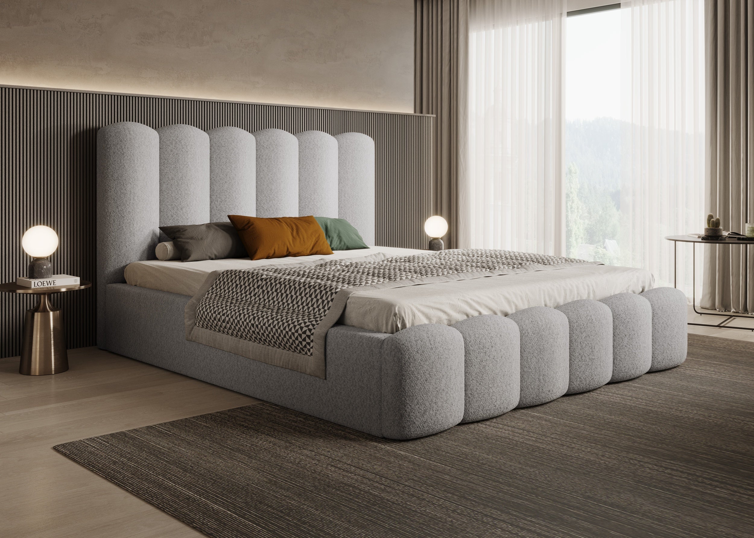 Romera Polsterbett mit Bettkasten, höhenverstellbarem Metallrahmen, Bouclé-Stoff