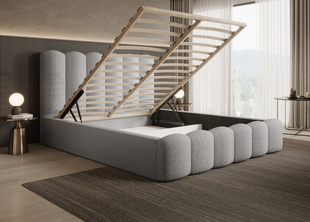 Romera Polsterbett mit Bettkasten, höhenverstellbarem Metallrahmen, Bouclé-Stoff