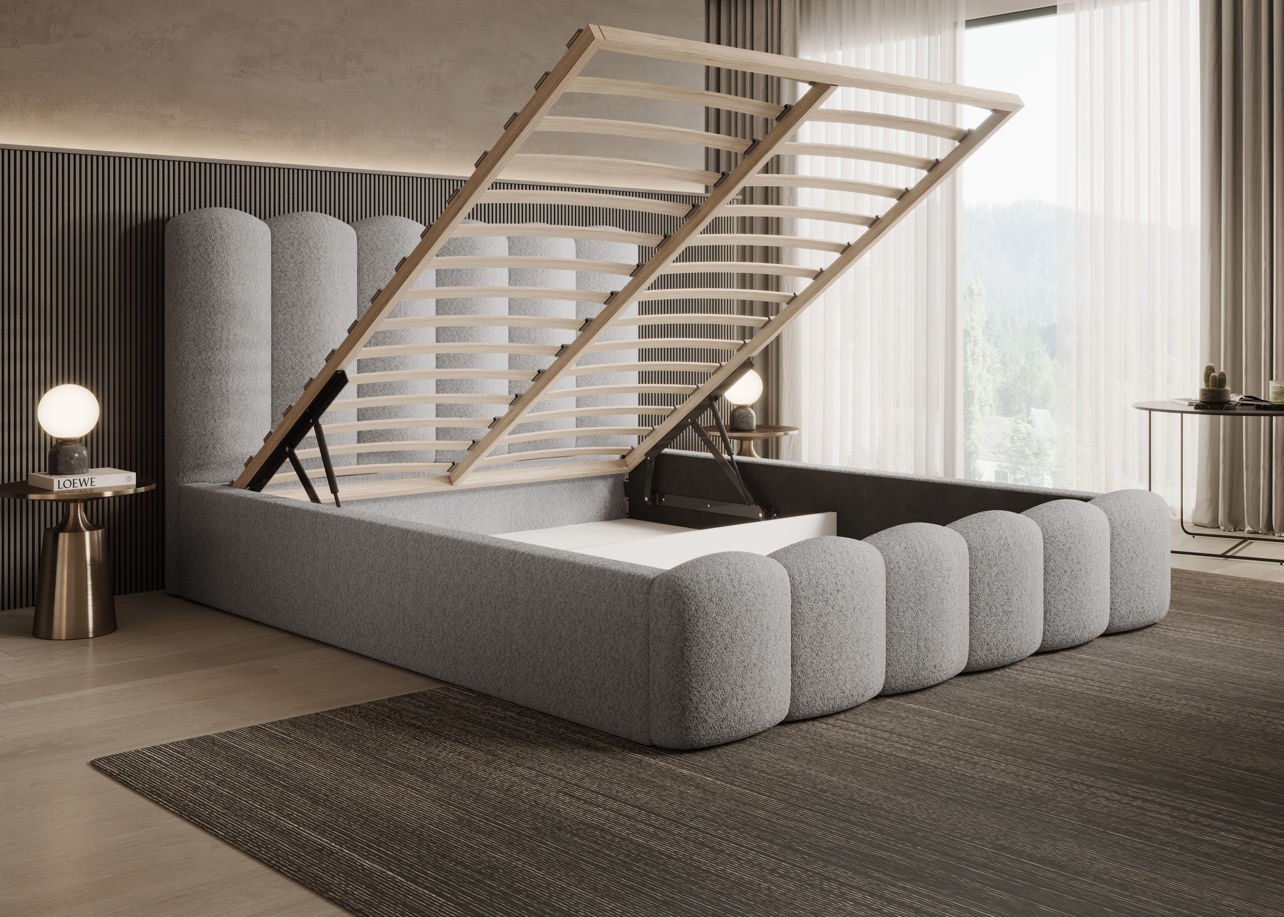 Romera Polsterbett mit Bettkasten, höhenverstellbarem Metallrahmen, Bouclé-Stoff