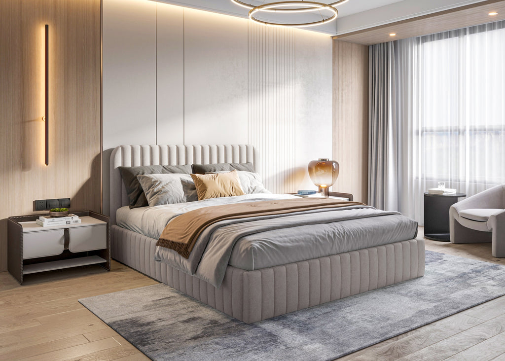 Salira Polsterbett mit Stauraum, beige, pflegeleichter Bezug, Gestell aus Metall