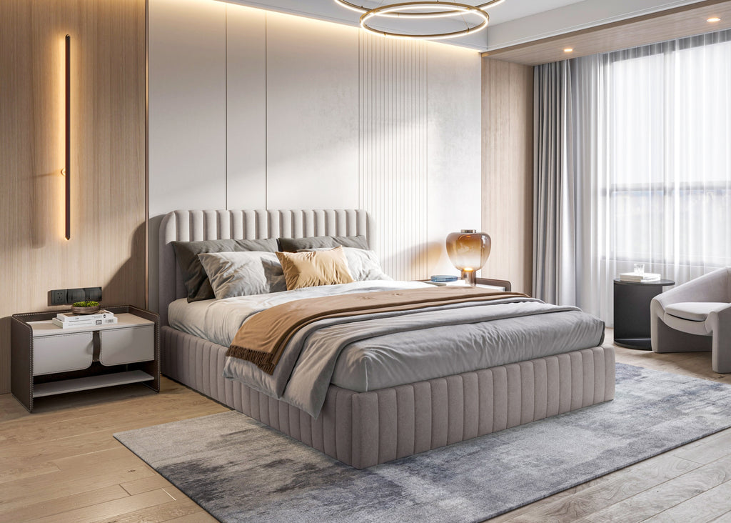 Salira Polsterbett mit Stauraum, grauer, pflegeleichter Bezug, Gestell aus Metall