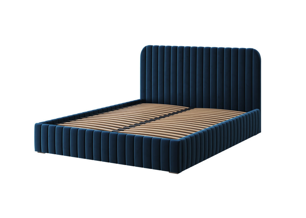 Salira Polsterbett mit Stauraum, marineblauer Velluto-Stoff, Metallrahmen