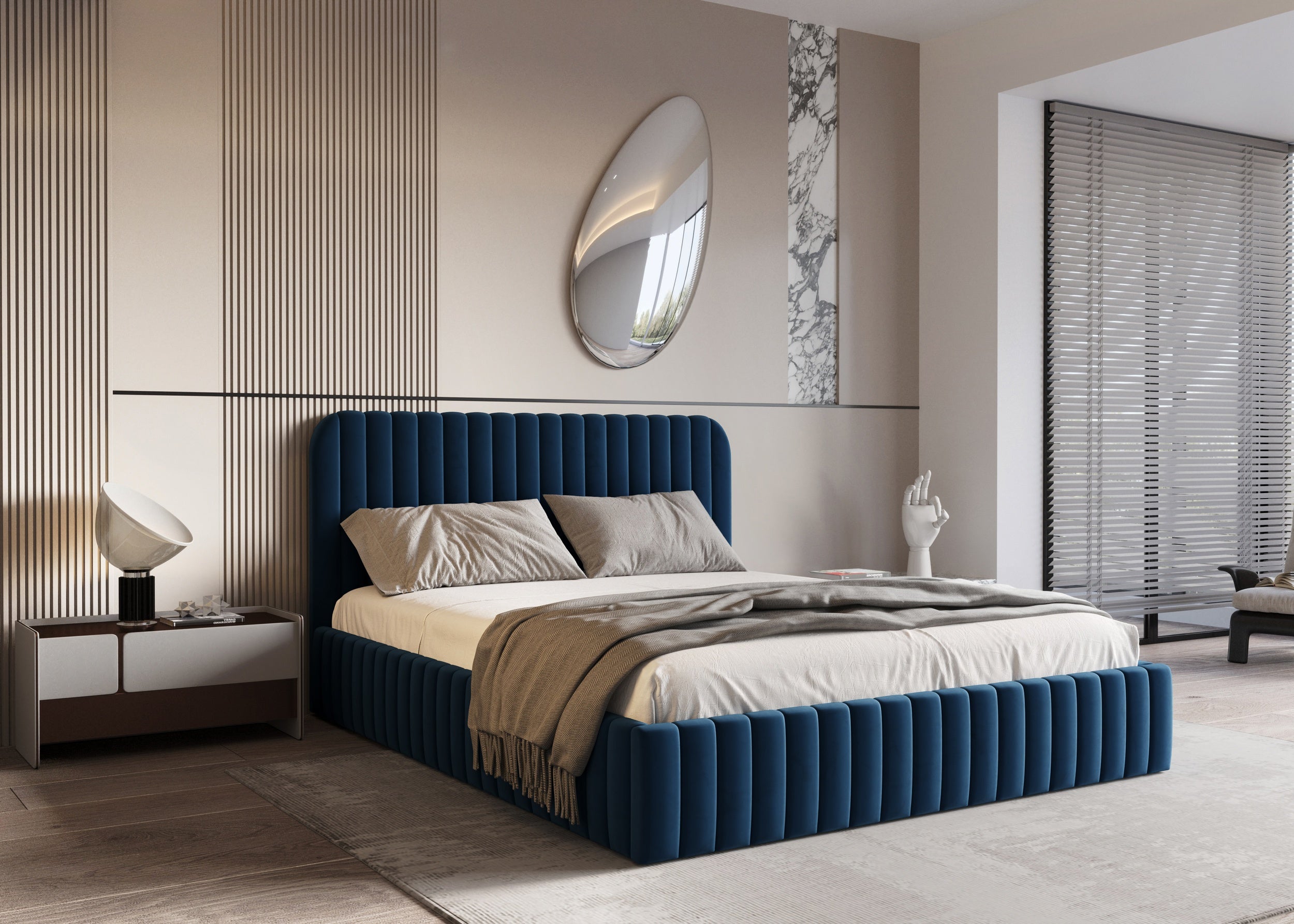 Salira Polsterbett mit Stauraum, marineblauer Velluto-Stoff, Metallrahmen