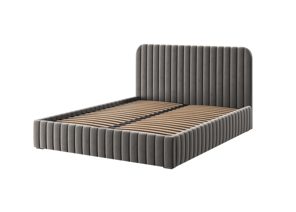 Polsterbett Salira mit Stauraum, grauer Velluto-Stoff, Metallgestell